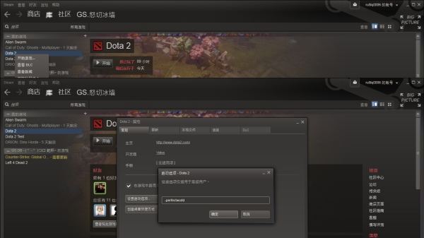 在steam中启动dota2，启动项中输来自入“-perfectworld steam”后无法进入