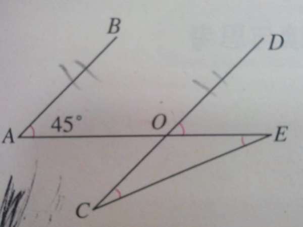 如图，AB平行于CD,∠A=45度,角c等于角e,求角c的度数