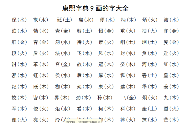 康熙字典里笔画为九画的字，有哪些